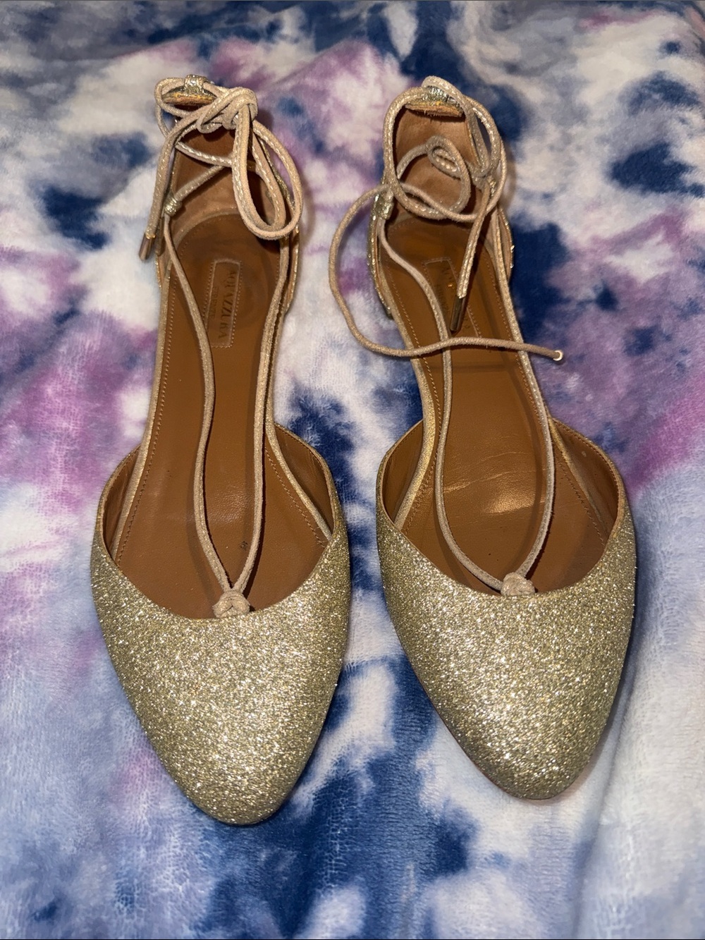 Aquazzura Alexa Gold Glitter Pointed Toe Lace-Up Flats - 38/8